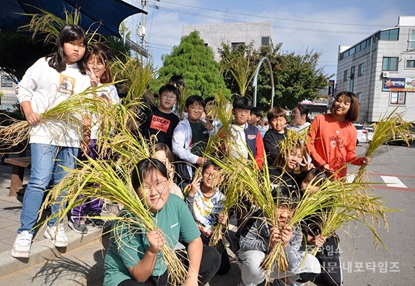‘찾아가는 농촌체험, 도심 속의 논 학교’ 행사가 지난 15일 홍남초에서 열렸다. 5학년 6반 학생들이 직접 벼를 베어보았다.